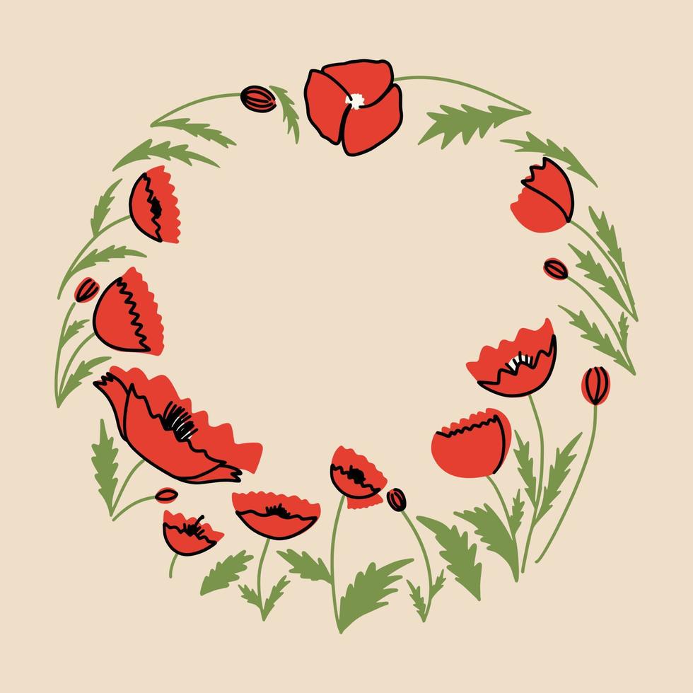 Round frame for text with red poppies flowers. Vector illustration in flat style
