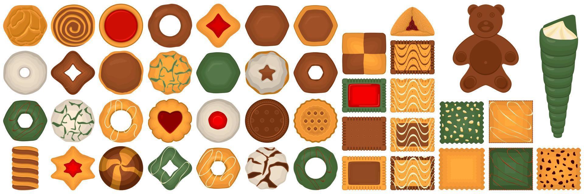 gran juego de galletas caseras de diferentes sabores en galletas de pastelería vector