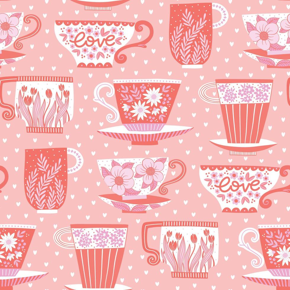 Vector seamless pattern with colorful painted tea cups