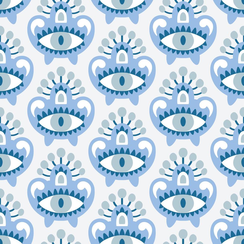 Vector seamless pattern with traditional Asian eye and paw ornament.