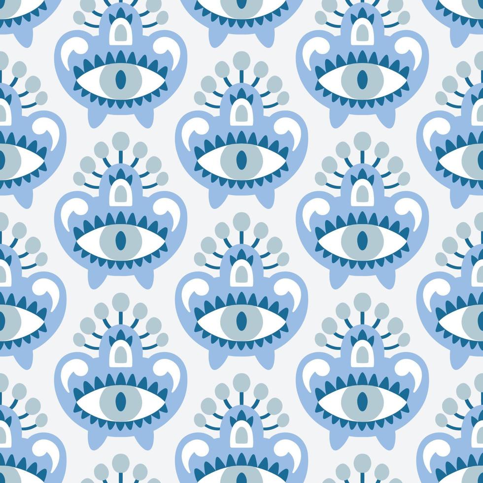 Vector seamless pattern with traditional Asian eye and paw ornament.