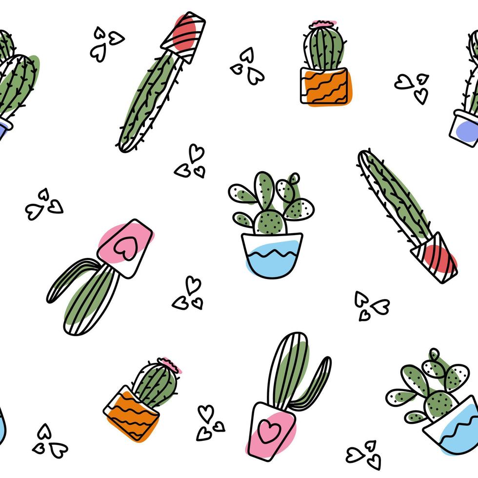 seamless pattern of cactuses in colorful pots with hearts vector