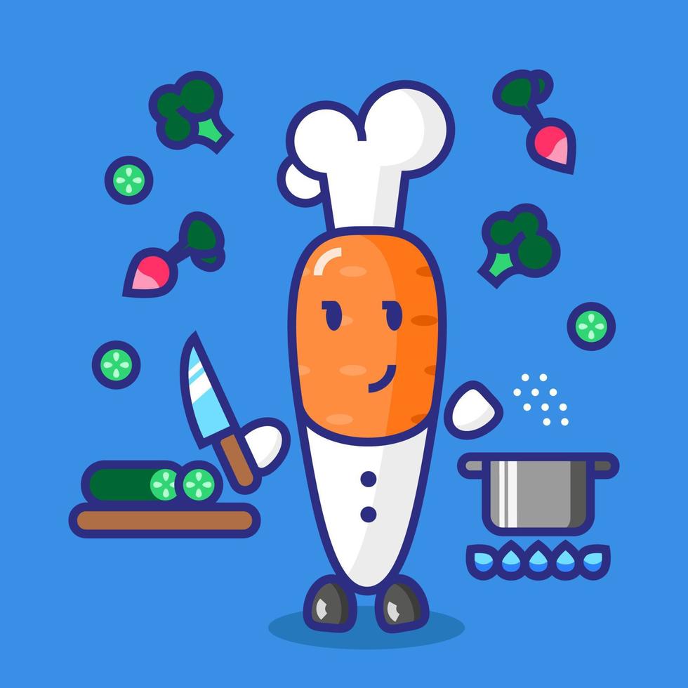 illustration chef carrots. Vector set drawing in cartoon style. Cooking vegetables, vegan food