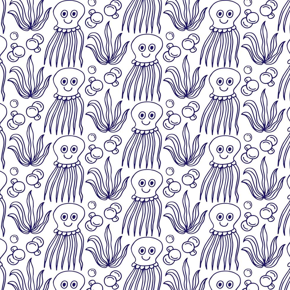 Hand-drawn vector pattern with corals, seashells, jellyfish and seaweed. Beautiful design for fabric