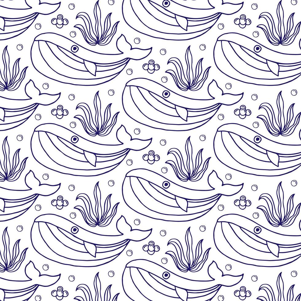 Vector hand-drawn colored childish seamless repeating simple flat pattern with whales in scandinavian style on a white background. Cute baby animals. Pattern for kids with whales. Sea. Ocean.