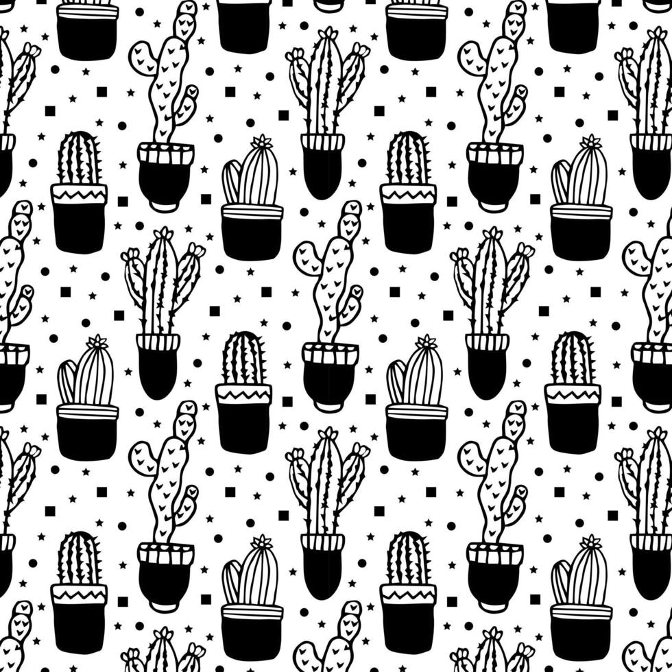 Black and white cactus. Vector illustration. Seamless pattern. Repeating wallpaper.