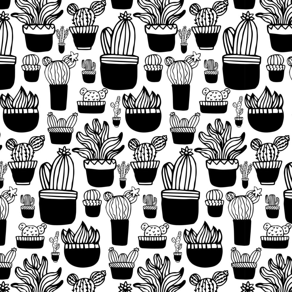 Seamless cactus pattern. Repeating hand drawn background. Black and white cacti print in the scandinavian style. Vector