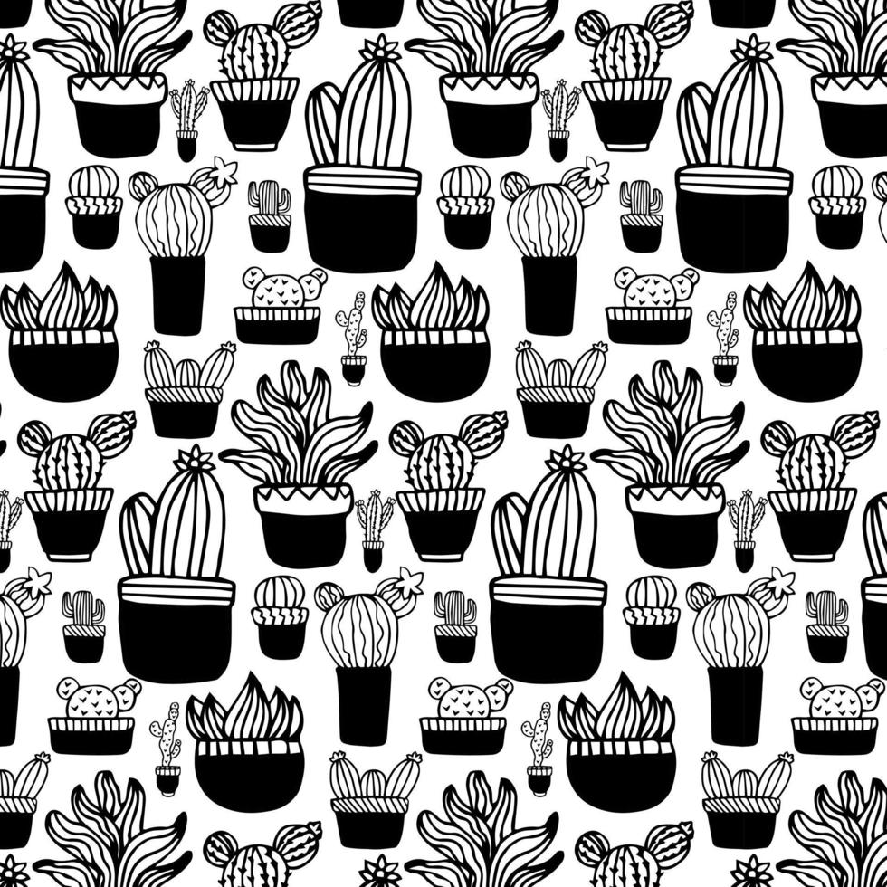 Seamless cactus pattern. Repeating hand drawn background. Black and white cacti print in the scandinavian style. Vector