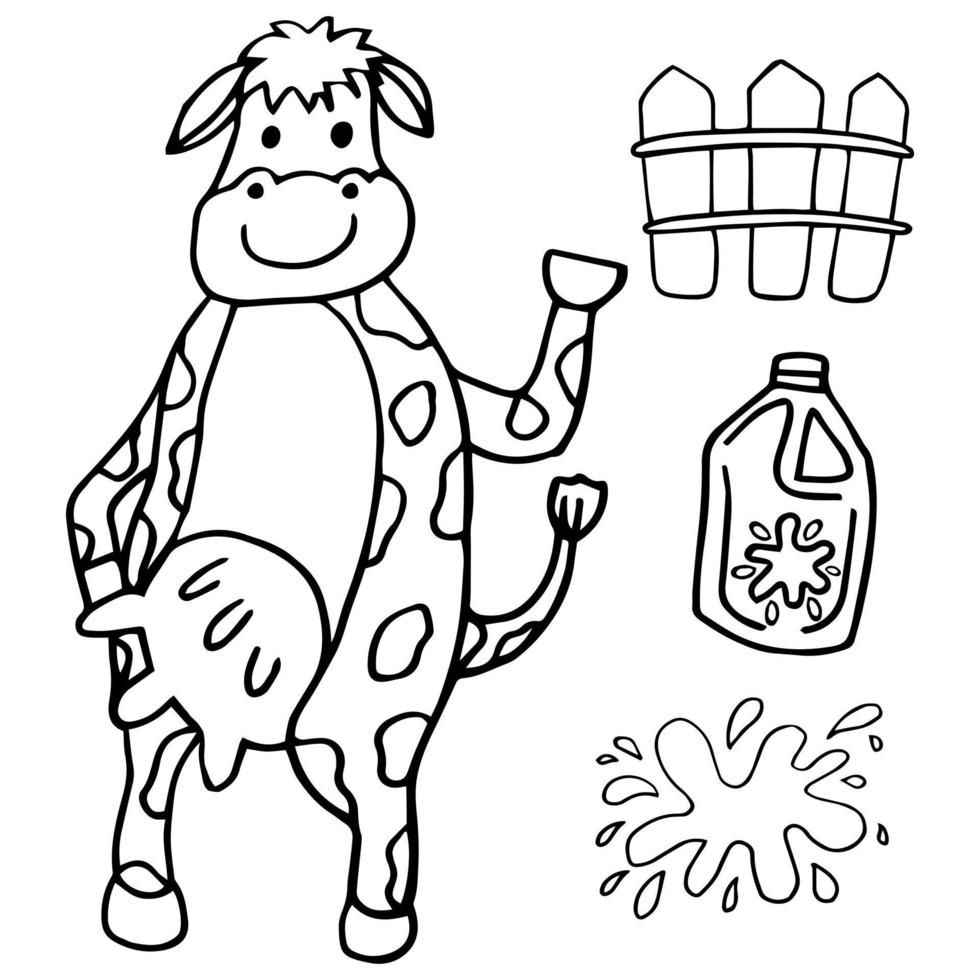 Cow and milk set isolated on white background. Hand drawn vector illustration