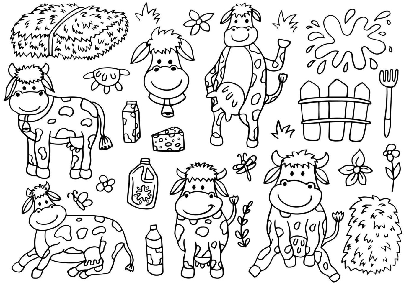 Big set of contour hand-drawn cows and milk isolated on white backgroung. vector