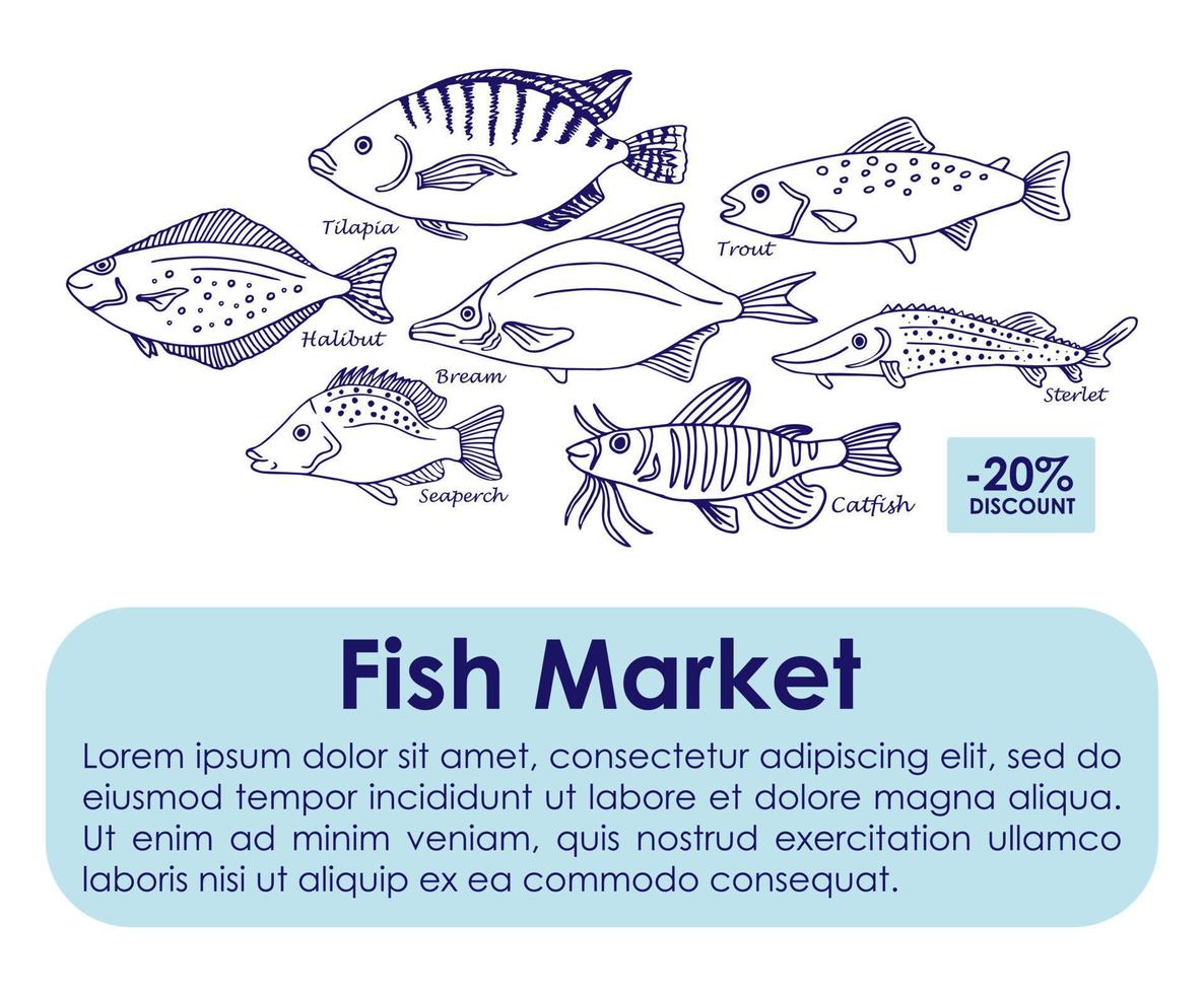 Seafood and freshwater fish banner.  Fish sketch vector illustration. Poster for fish market, fishing and fishery industry design