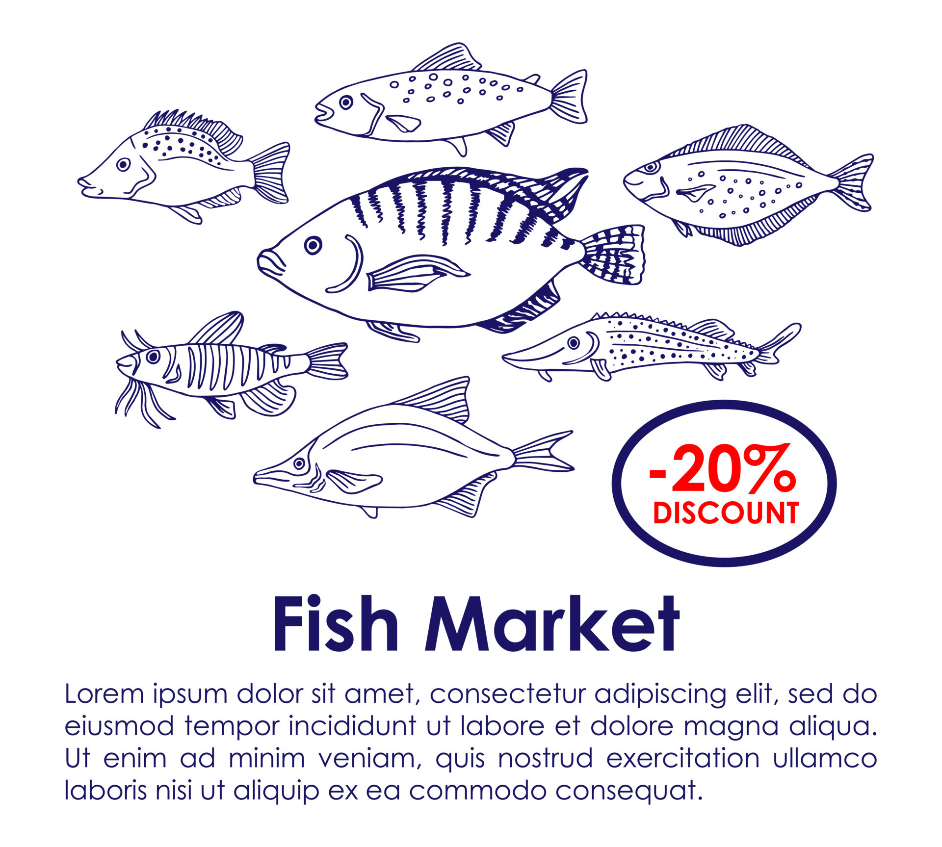 Seafood and freshwater fish banner. Fish sketch vector illustration