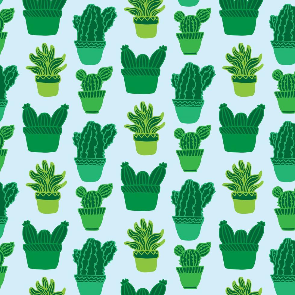 Vector seamless pattern with different cactus. Bright repeated texture with green cacti. Natural hand drawing background with desert plants.