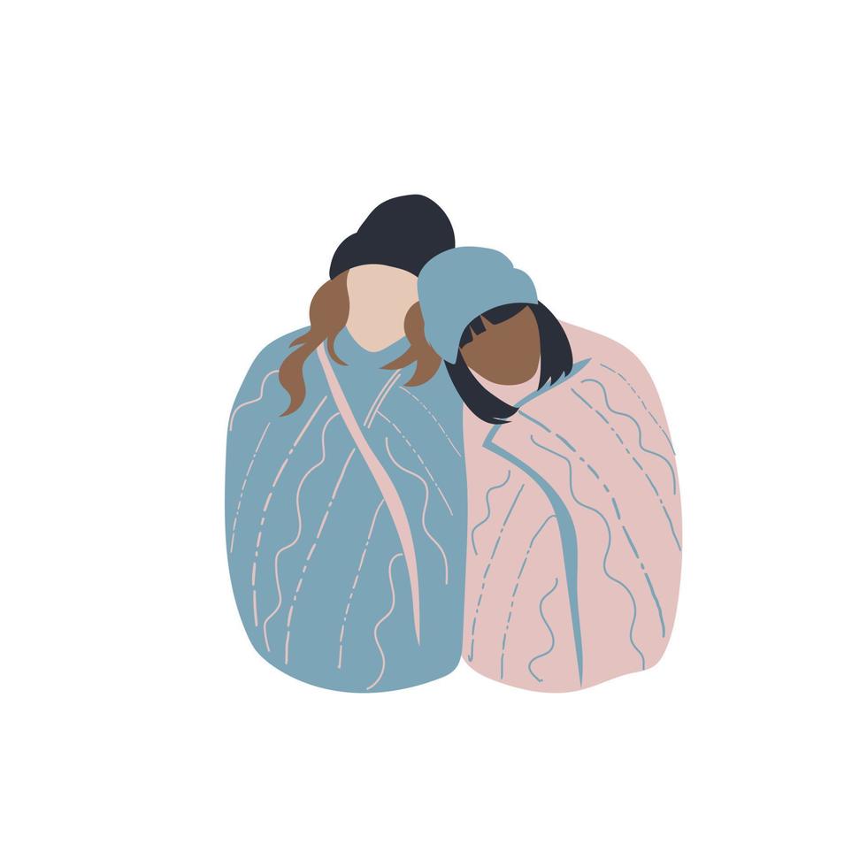 Two women in blankets hugging. vector