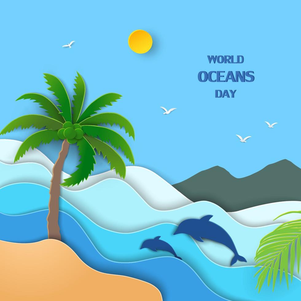 World oceans day concept with view of blue sea on paper cut and craft style vector