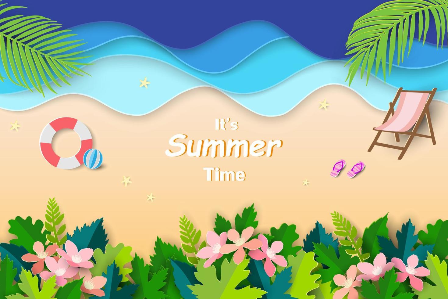 Summertime concept on paper cut and craft style,view of blue sea with beach and tropical leaves vector