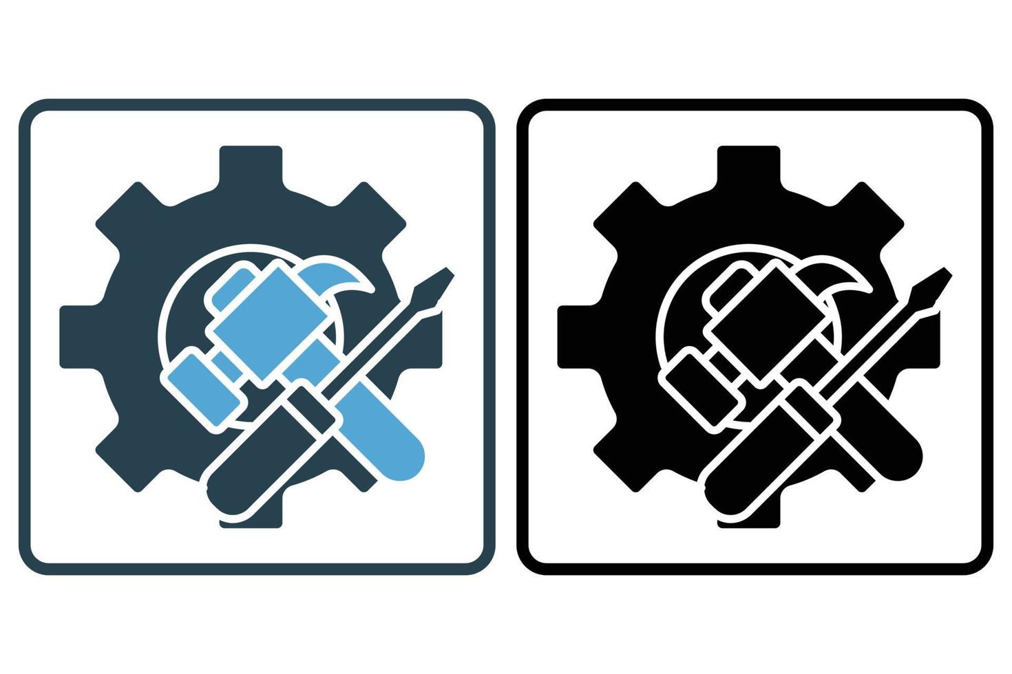 Gear icon illustration with hammer and screwdriver. icon related to tool. Solid icon style. Simple vector design editable