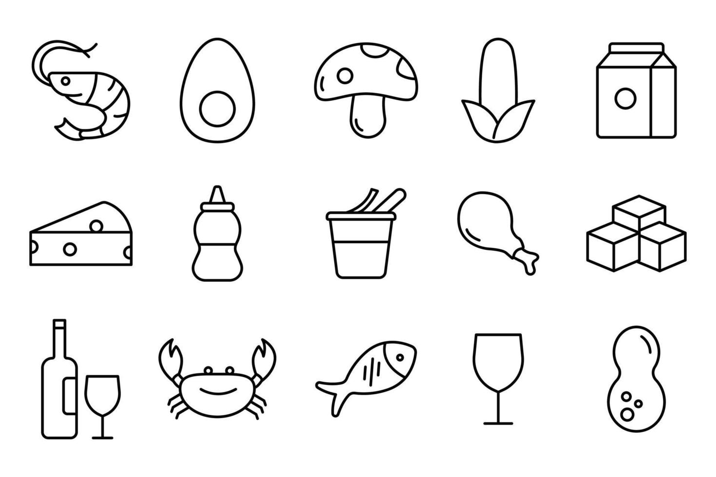 comida alergeno icono conjunto ilustración. contorno icono estilo. sencillo vector diseño editable