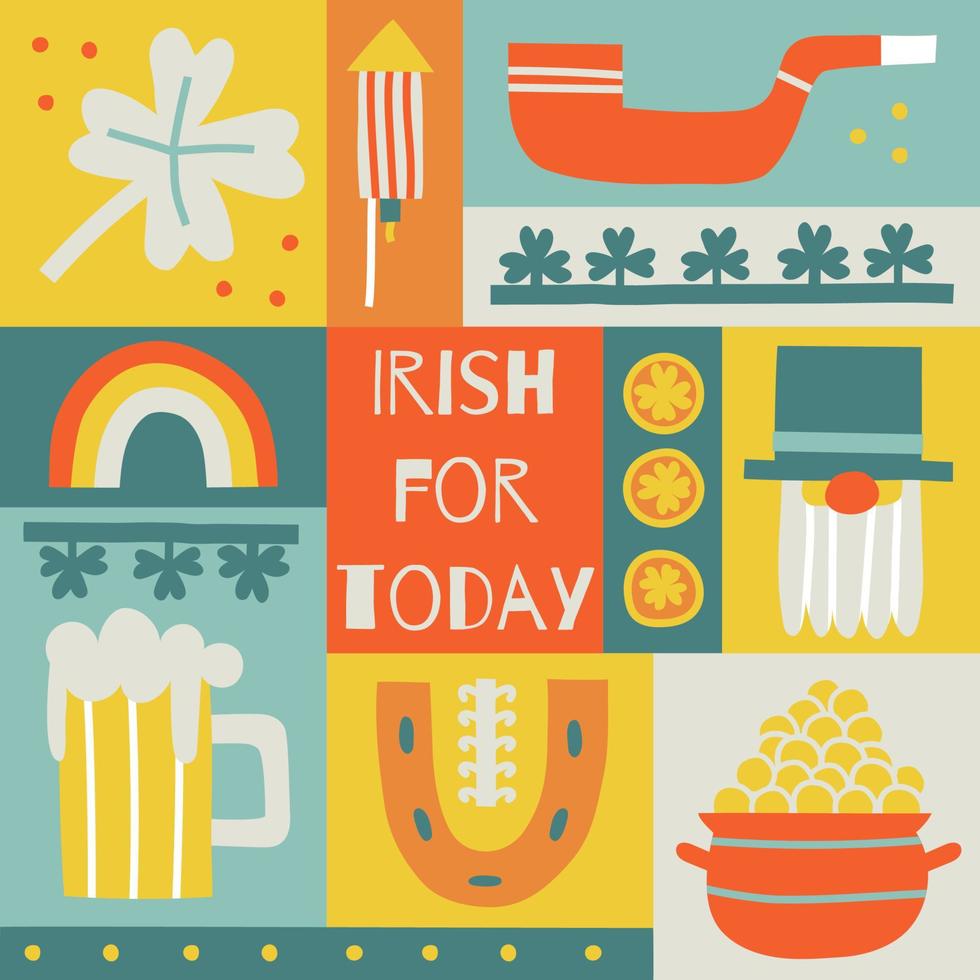 St. Patrick's day illustration concept. Modern style graphics with four leaf clover, horseshoe, beer, rainbow and leprechaun. Irish for today. for social media post, poster, cover or flyer. vector