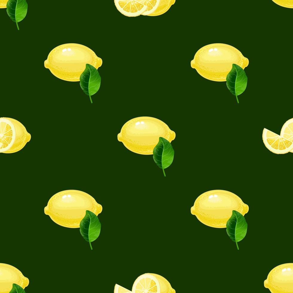 Fresh lemon, pieces, and leaves. Fruit seamless pattern. Vector illustration.