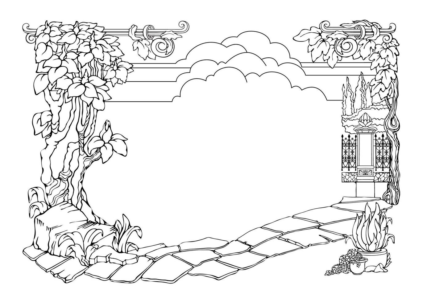 Botanical border with tropical plants. Outline floral frame. Vector
