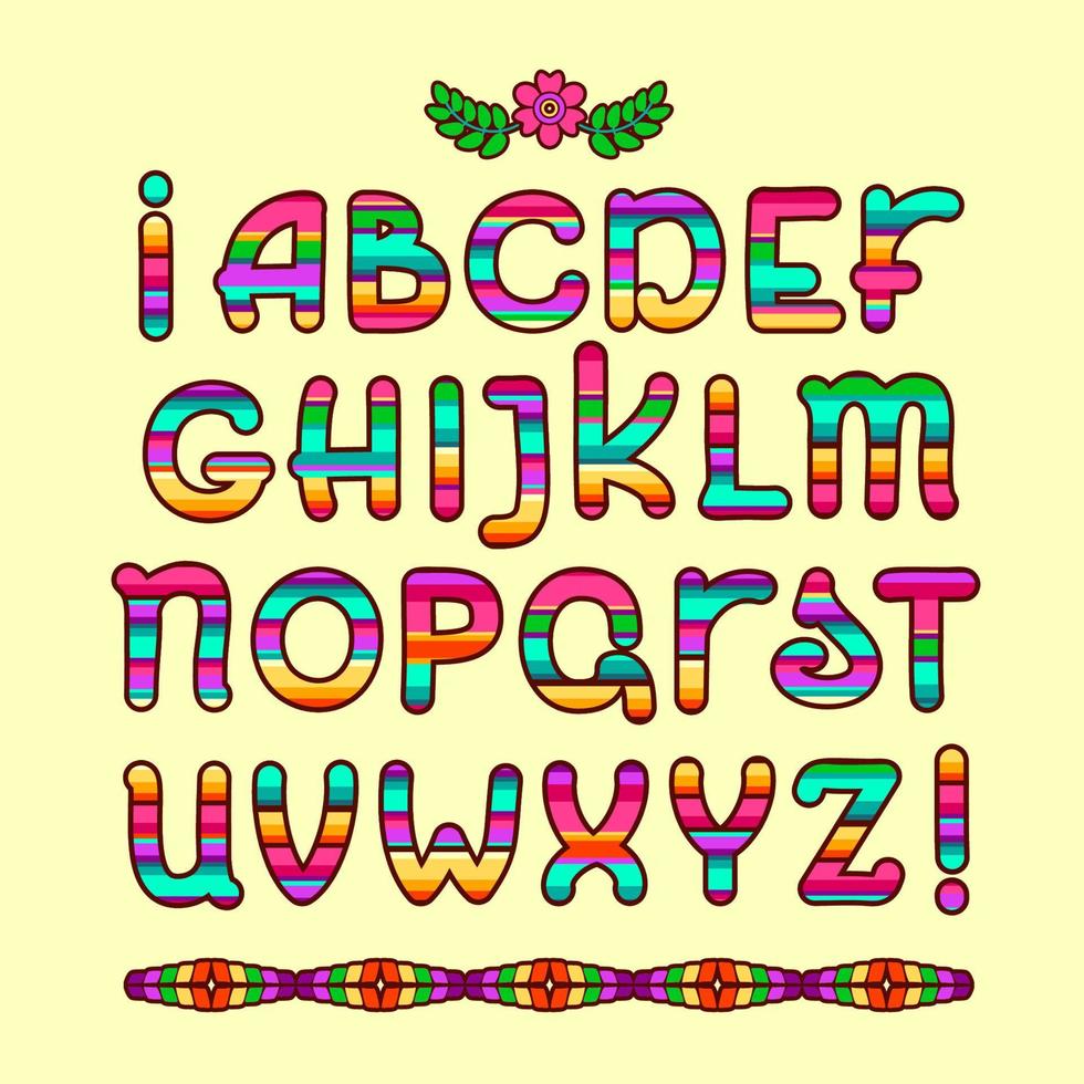 Mexican ethnic colorful alphabet. Modern folk Otomi font. Vector letters.