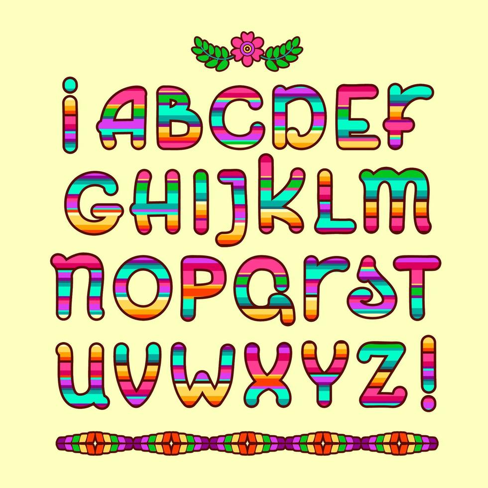 Mexican ethnic colorful alphabet. Modern folk Otomi font. Vector letters.