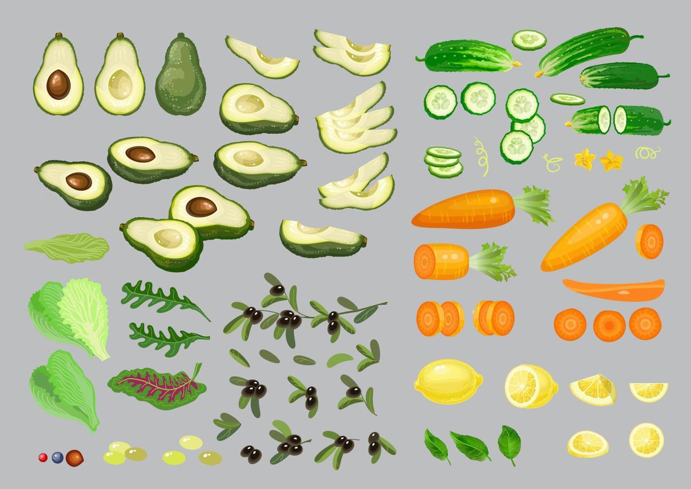 Lemon, olive, carrot, cucumber, avocado, and lettuce. Vector vegetables set.