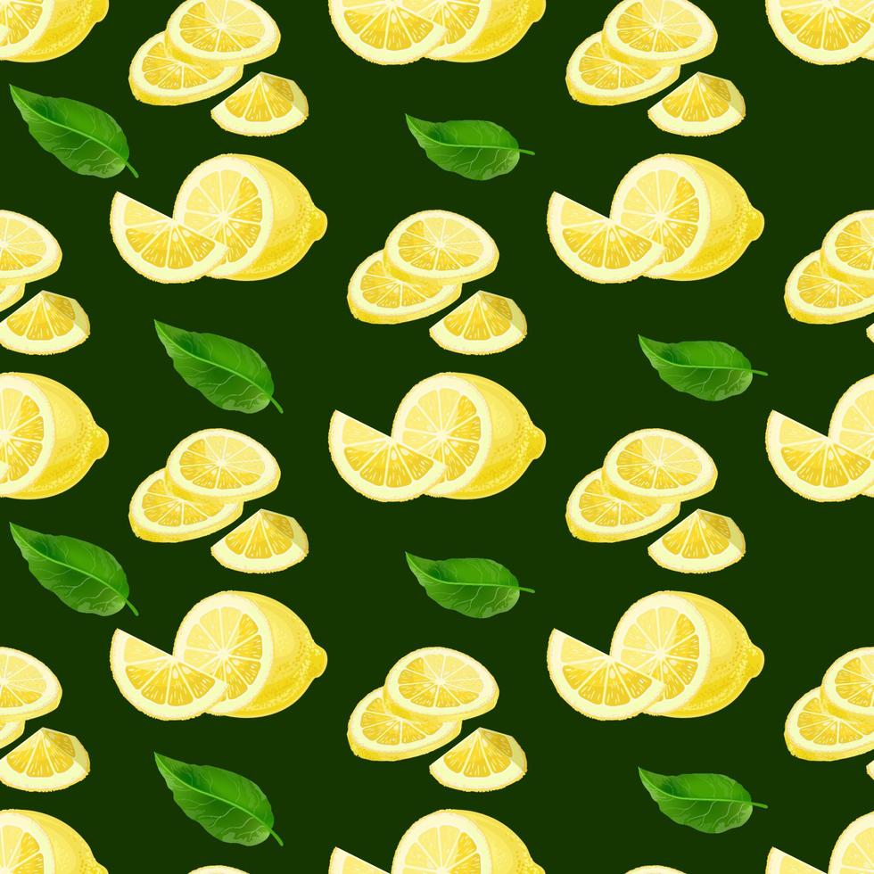 Fresh lemon, pieces, and leaves. Fruit seamless pattern. Vector illustration.