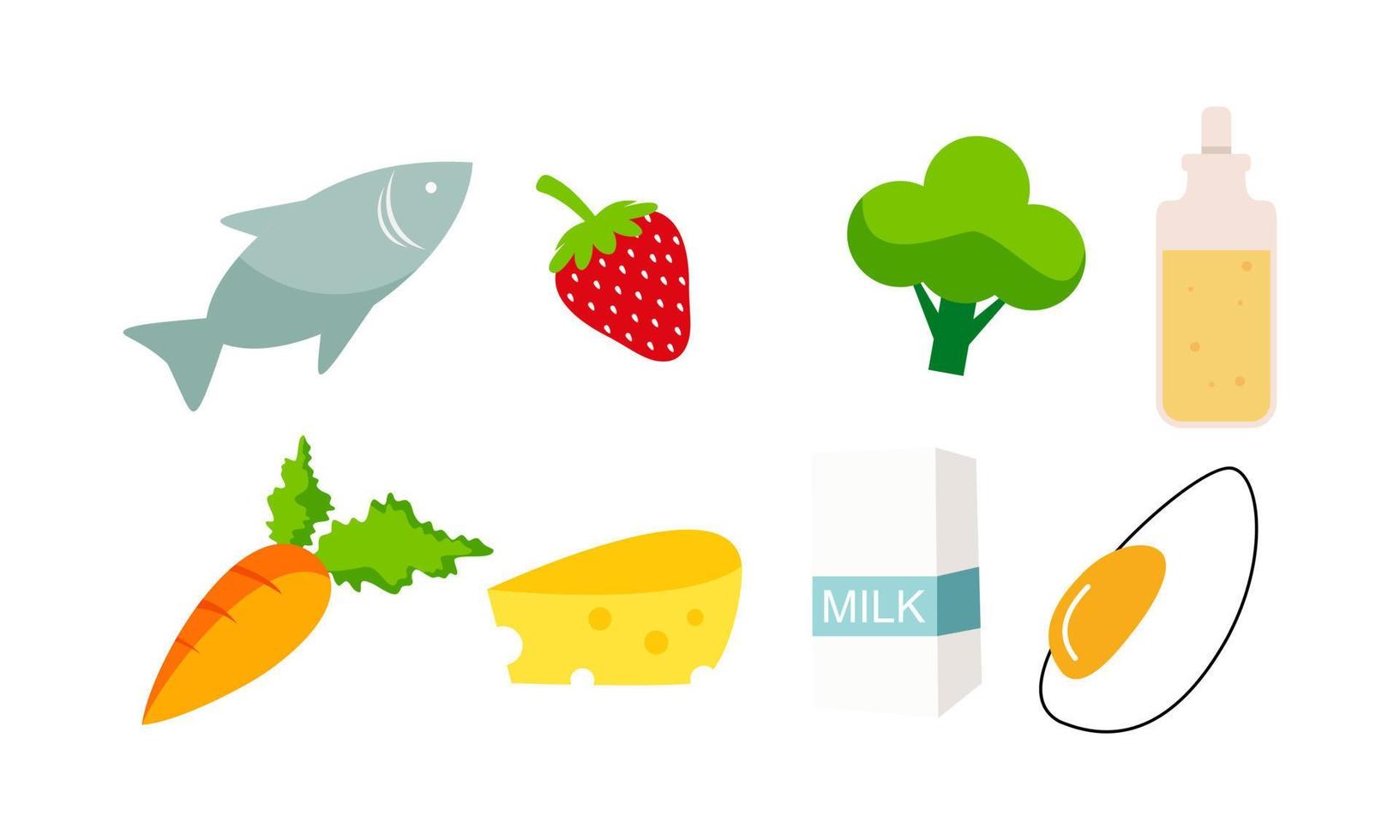 Set of groceries healthy food illustration. Bread, flour, dairy products, olive oil and butter collection. Milk, cheese, curds, egg and sour cream vector