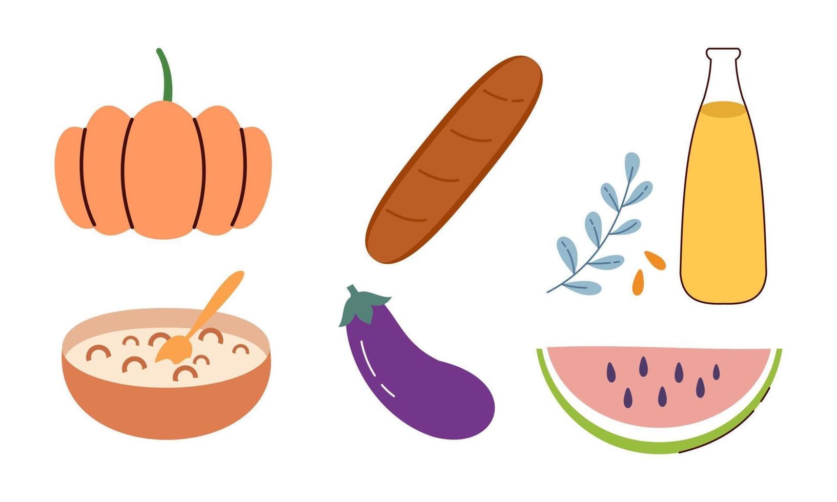 conjunto de comestibles sano comida ilustración. pan, harina, lechería productos, aceituna petróleo y mantequilla recopilación. leche, queso, Cuajada, huevo y agrio crema vector