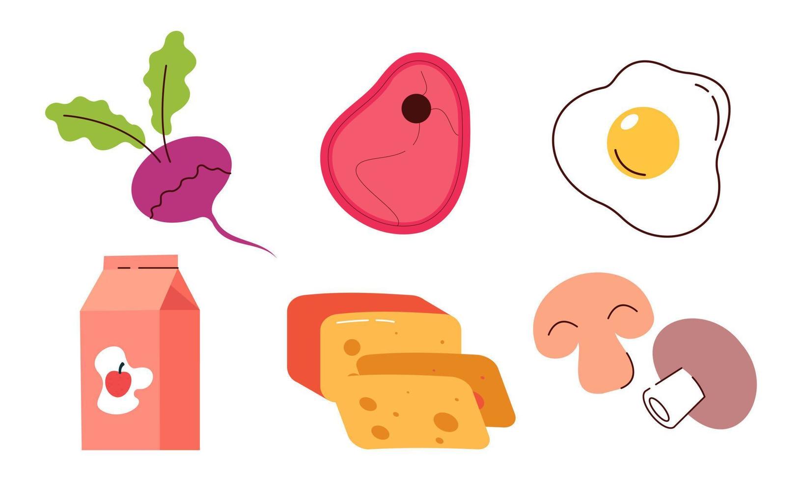 Set of groceries healthy food illustration. Bread, flour, dairy products, olive oil and butter collection. Milk, cheese, curds, egg and sour cream vector