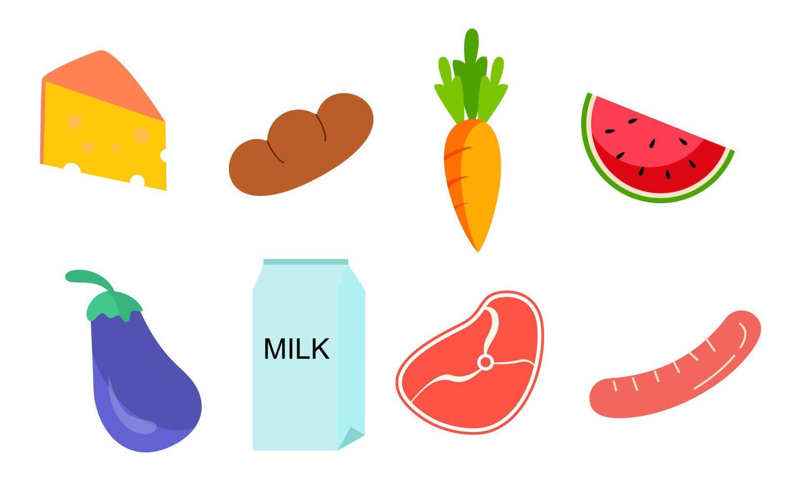 Set of groceries healthy food illustration. Bread, flour, dairy products, olive oil and butter collection. Milk, cheese, curds, egg and sour cream vector