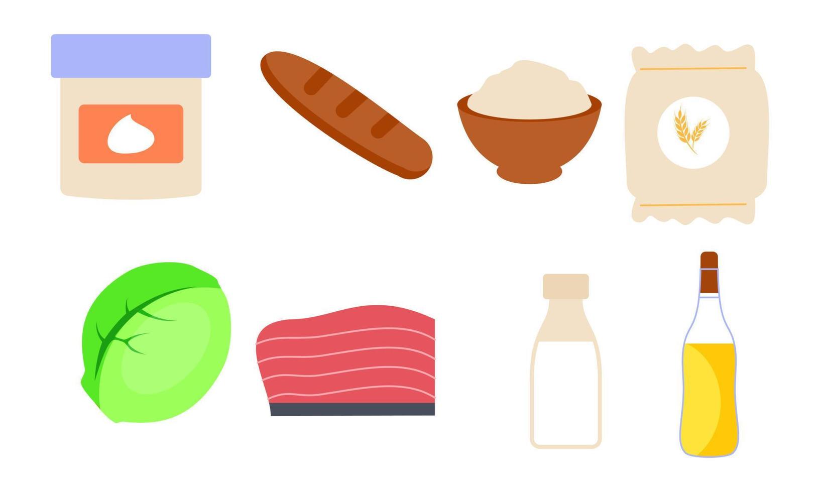 Set of groceries healthy food illustration. Bread, flour, dairy products, olive oil and butter collection. Milk, cheese, curds, egg and sour cream vector