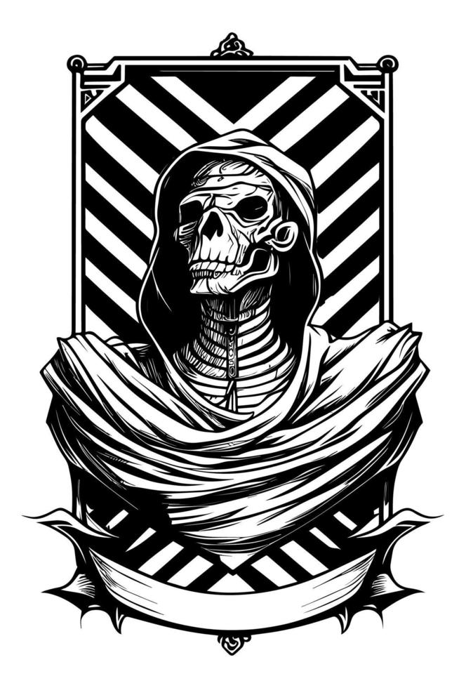 de miedo momia negro y blanco mano dibujado ilustración con heráldico bandera para copyspace logo vector