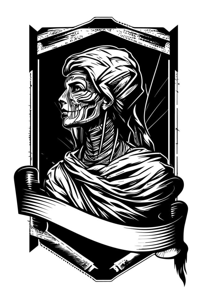scary Mummy girl black and white hand drawn illustration with heraldic banner for copyspace logo vector