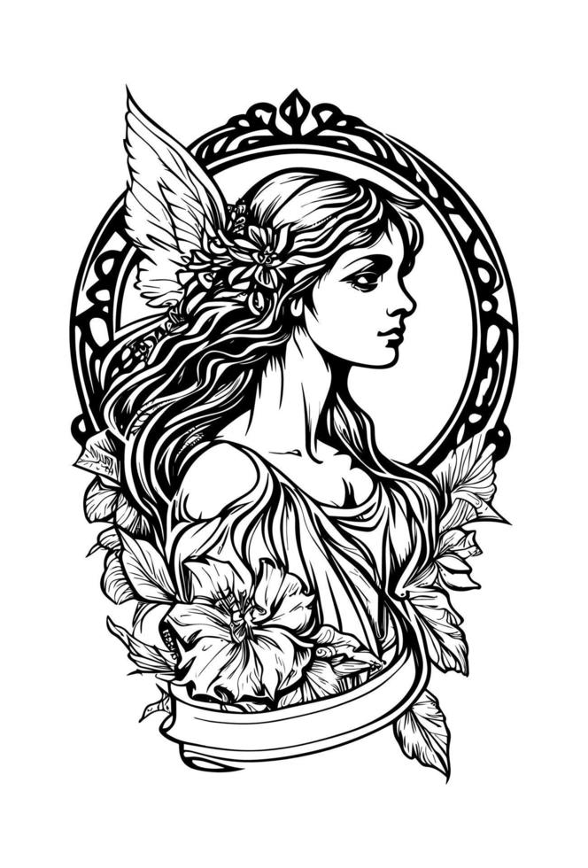 beautiful angel leaf and wings ornament hand drawn illustration vector