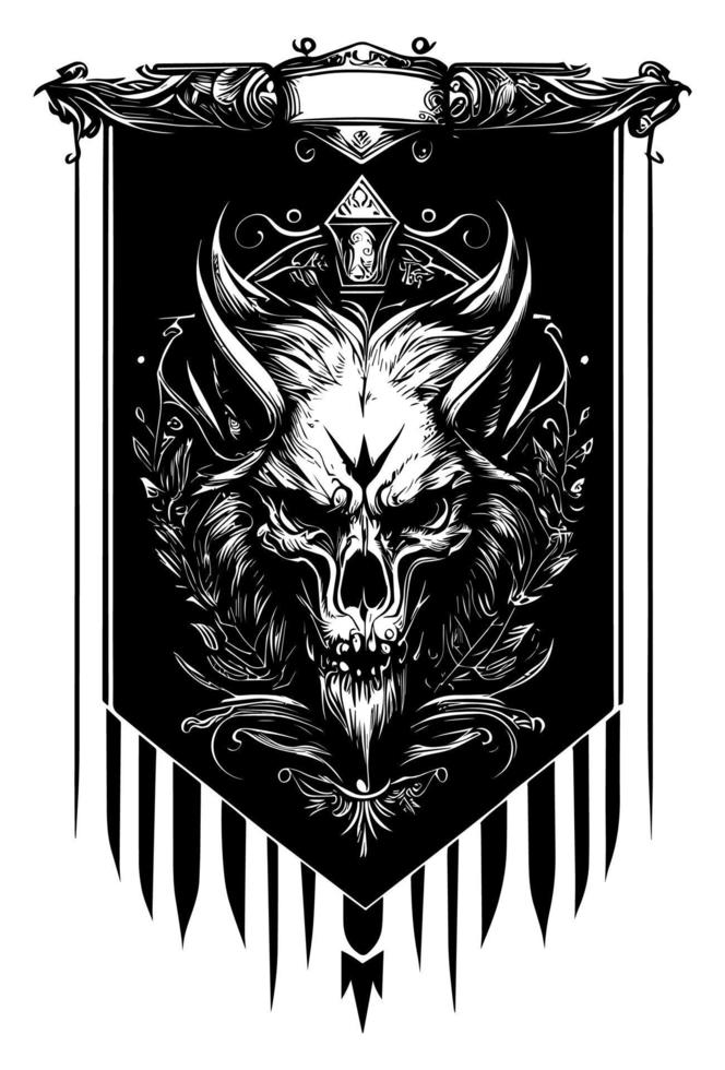 lobo cabeza logo con heráldico bandera negro y blanco mano dibujado ilustración vector