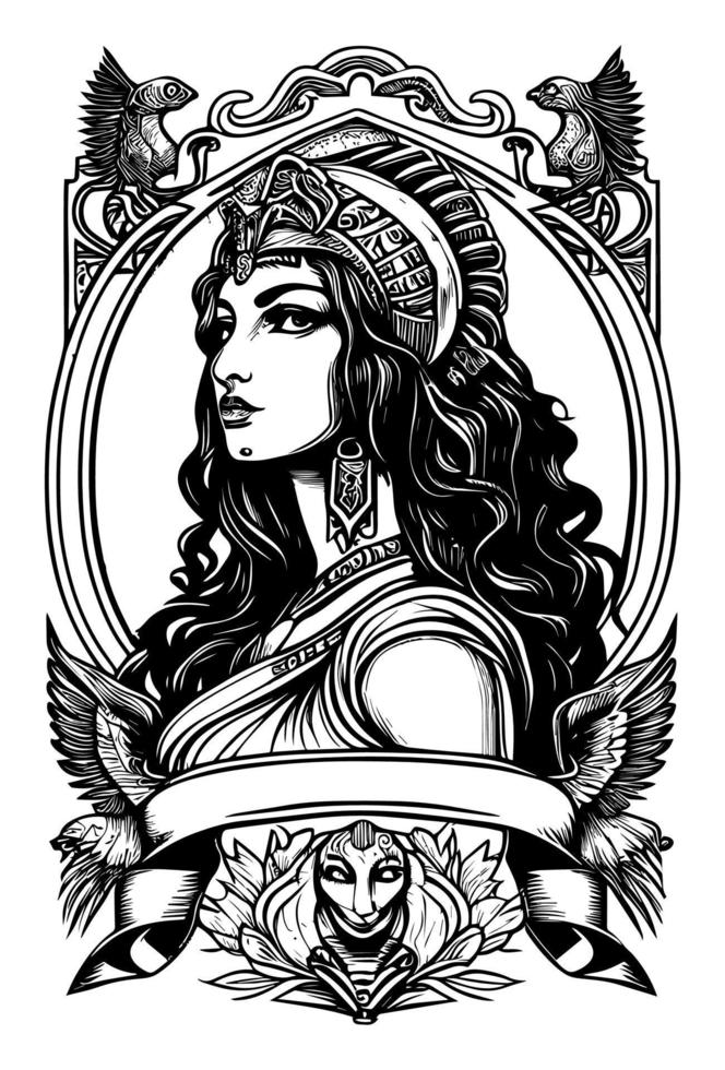 beautiful egyptian cleopatra symbol black and white hand drawn logo illustration vector