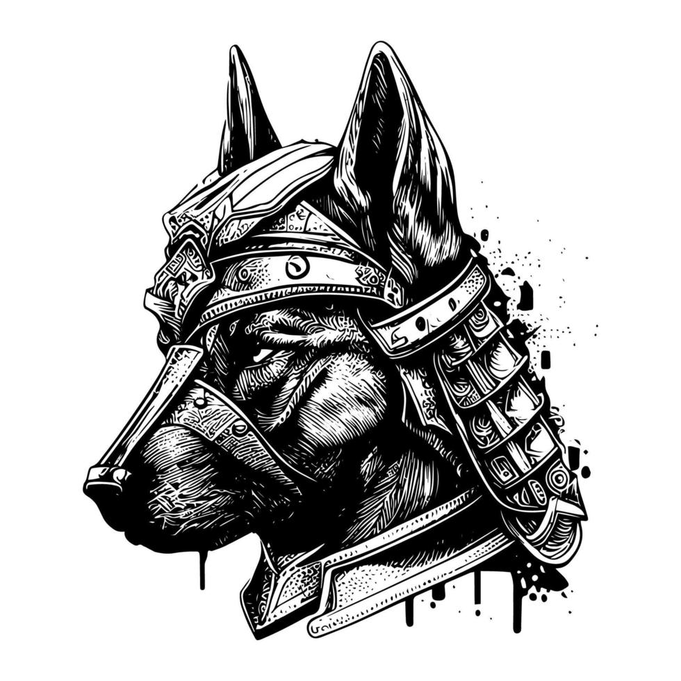japanese samurai dog logo illustration black and white vector