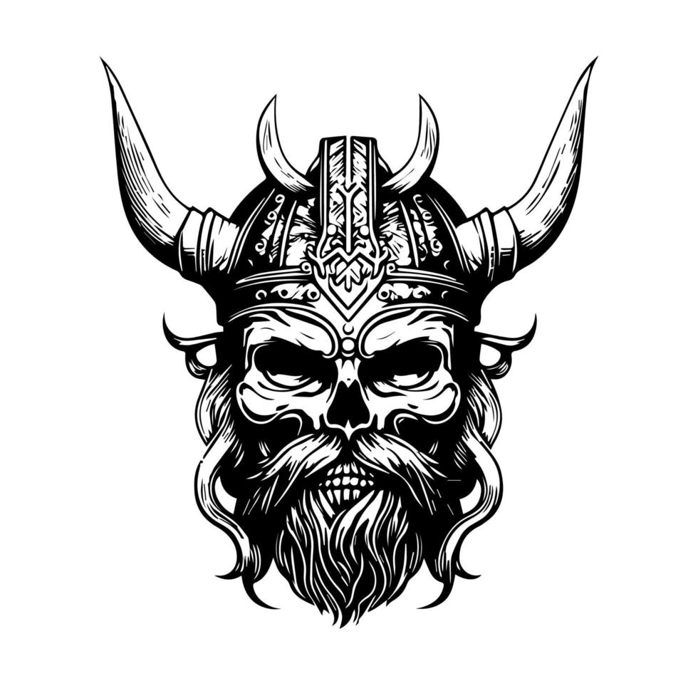 Viking Head Logo hand drawn black and white Illustration vector