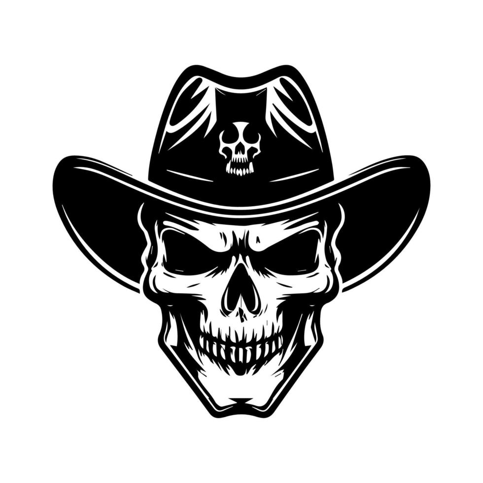 Skull head with cowboy hat hand drawn illustration vector