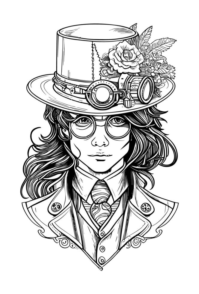 boy with long hair wearing sunglass and hat hand drawn illustration vector