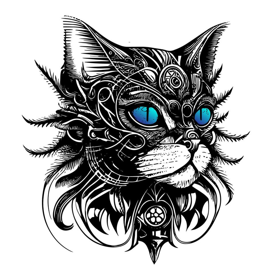 Steampunk pelo largo gato logo es un único y encantador mezcla de Era Victoriana estética y felino gracia. esta diseño caracteristicas un de pelo largo gato con fluido pelo, poniéndose un collar con engranajes vector