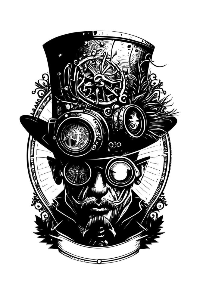 cráneo cabeza con Bigote vistiendo gafas de sol y sombrero músico mano dibujado ilustración vector