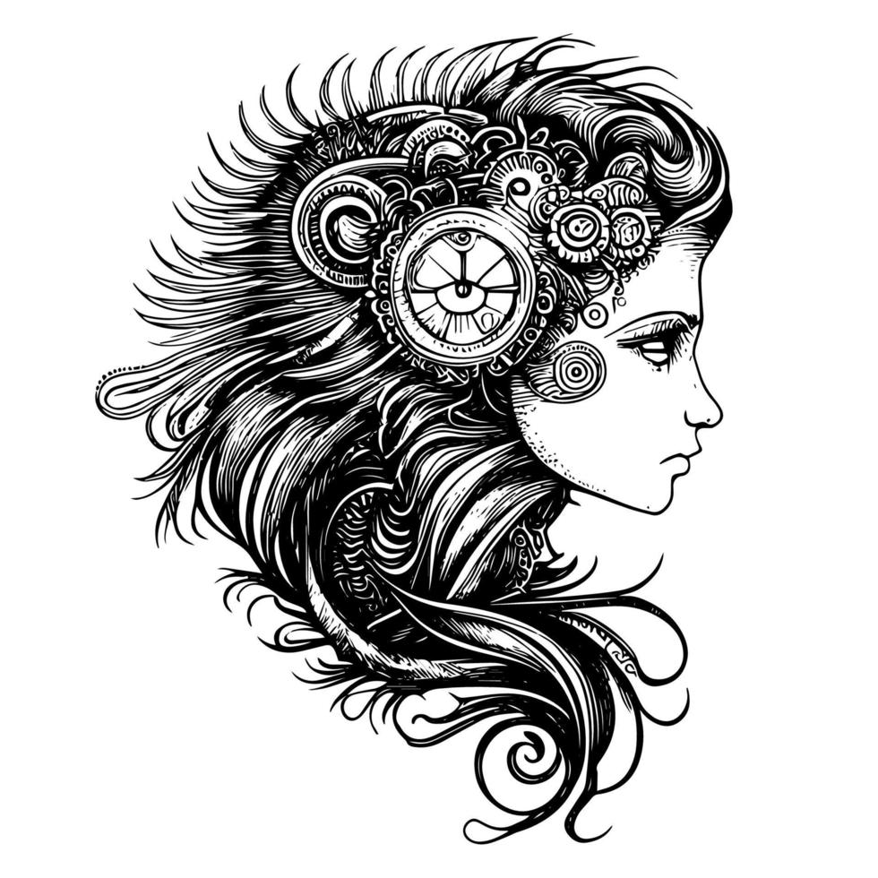 Steampunk Ingenue logo embodies the spirit of adventure and ingenuity that defines the Steampunk subculture. With her leather corset, brass goggles, and clockwork accessories vector