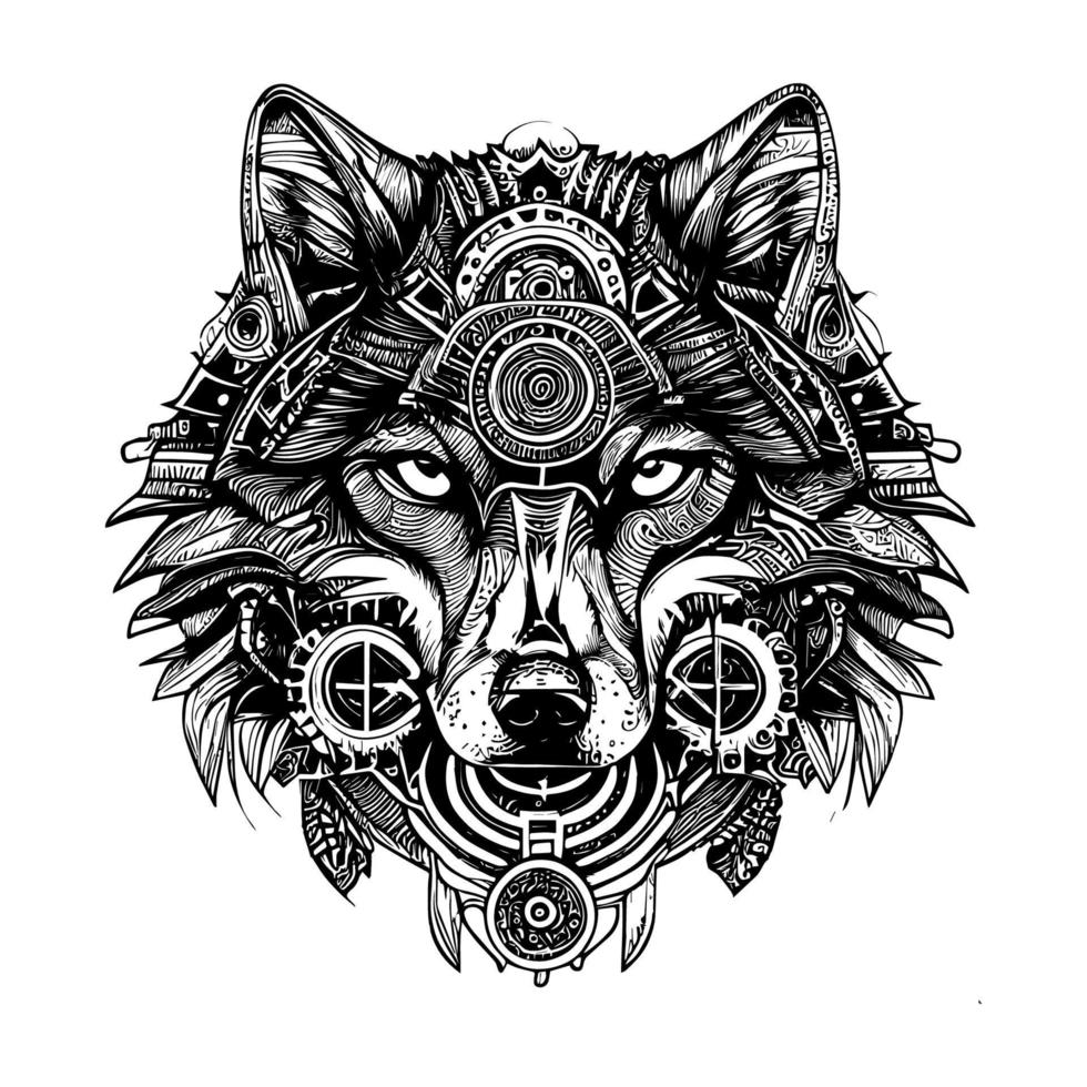 Steampunk lobo cabeza logo es un sorprendentes y poderoso imagen ese combina el ferocidad de un lobo con el intrincado detalles de Steampunk Moda vector