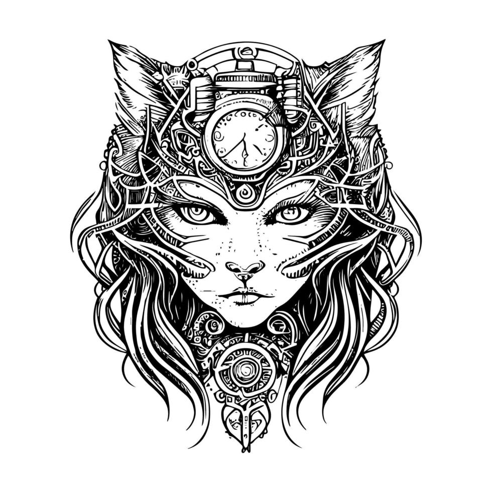 Steampunk Longhair Cat Logo is a unique and charming blend of Victorian-era aesthetics and feline grace. This design features a long-haired cat with flowing fur, donning a collar with gears vector