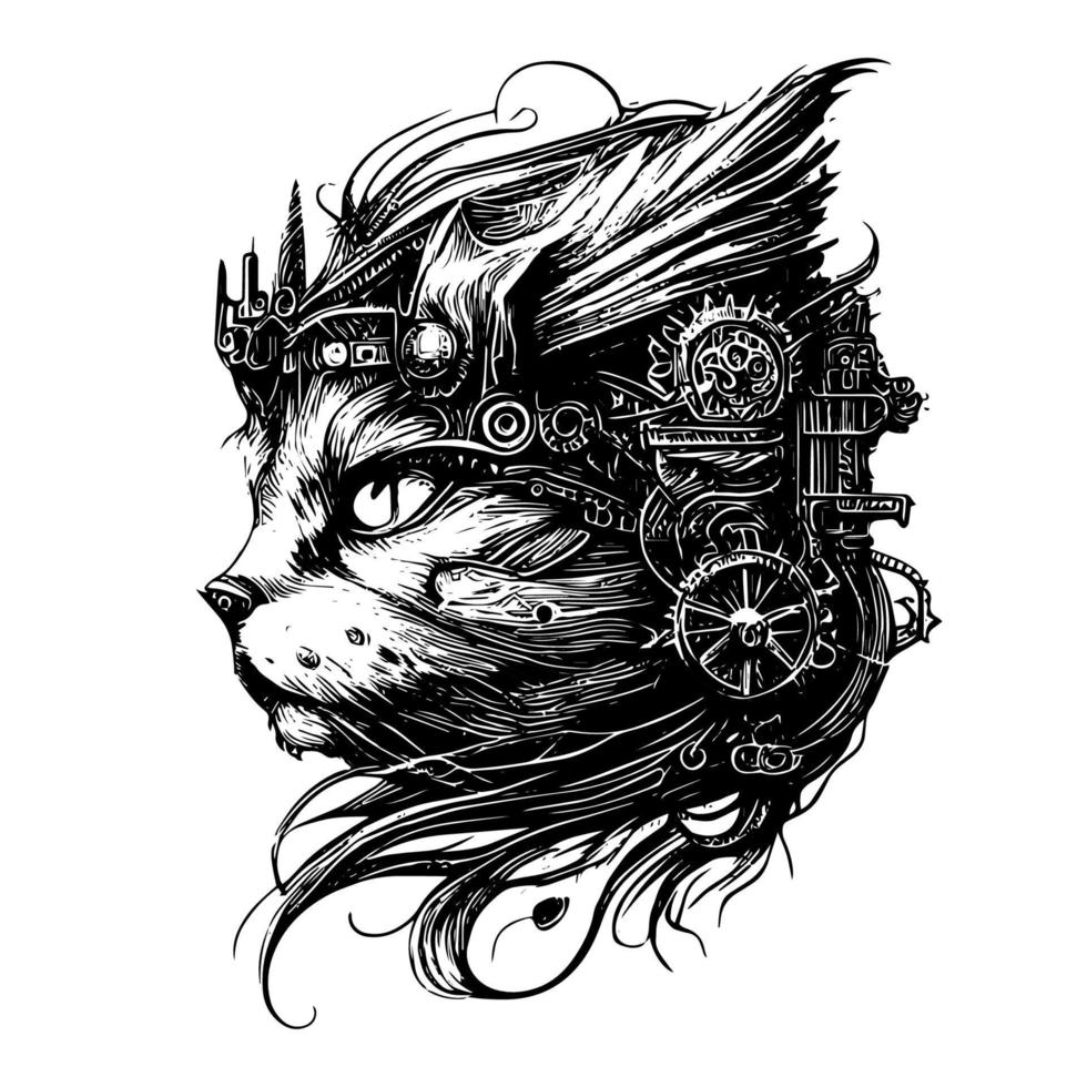 Steampunk pelo largo gato logo es un único y encantador mezcla de Era Victoriana estética y felino gracia. esta diseño caracteristicas un de pelo largo gato con fluido pelo, poniéndose un collar con engranajes vector