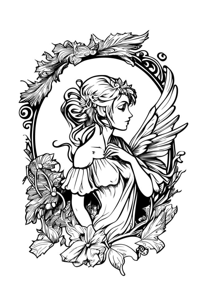 beautiful angel leaf and wings ornament hand drawn illustration vector